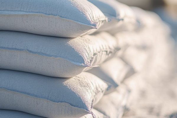 white cement bags stacked in piles